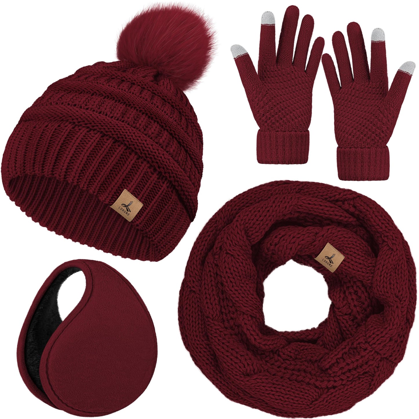 Winter Hat Scarf Gloves and Ear Warmer, Warm Knit Beanie Hat Touch Screen Gloves Set Winter Gifts Neck Scarves for Women Wine Red