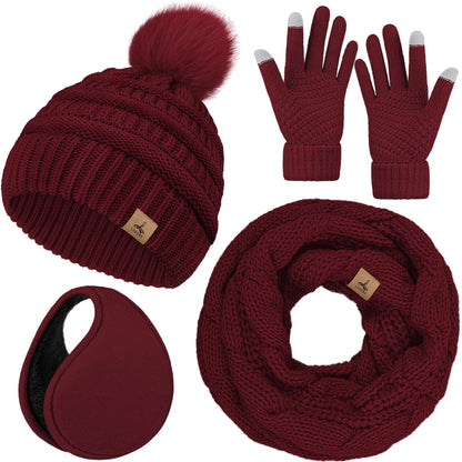 Winter Hat Scarf Gloves and Ear Warmer, Warm Knit Beanie Hat Touch Screen Gloves Set Winter Gifts Neck Scarves for Women Wine Red