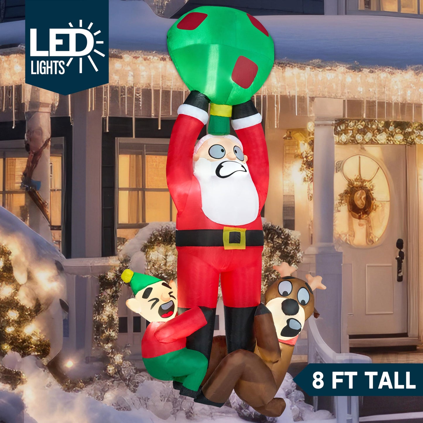 Joiedomi 8 FT Tall Hanging Christmas Inflatable Outdoor Decoration, Christmas Blow Up Santa with Reindeer Elf Inflatable, Inflatable Climbing Santa for Christmas Roof Decor Christmas Yard Decor