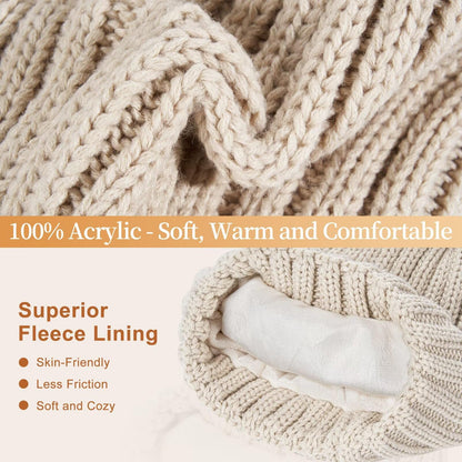Winter Beanie Hat Scarf Gloves Set for Women, Winter Hats for Women Fleece Lined with Pom Pom Neck Warmer Touchscreen Gloves 3 in 1 Cold Weather Set, Stocking Stuffers Gifts for Mom Her(Oatmeal)