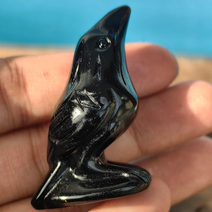 2" Natural Obsidian Flame Stone Crystal Crow Raven Statue Healing Crystal Handmade Sculpture Guardian Pocket Statues Reiki Bird Meditation Office Home Decoration Gift (Flame Stone and Obsidian)