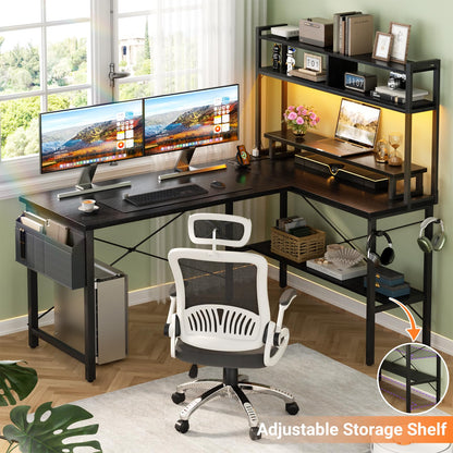 Aheaplus L Shaped Gaming Desk with Power Outlets & LED Lights, Small L- Shaped Desk Computer Corner Desk with Monitor Stand & Storage Shelf, Home Office Desk Writing Desk with Storage Bag, Black