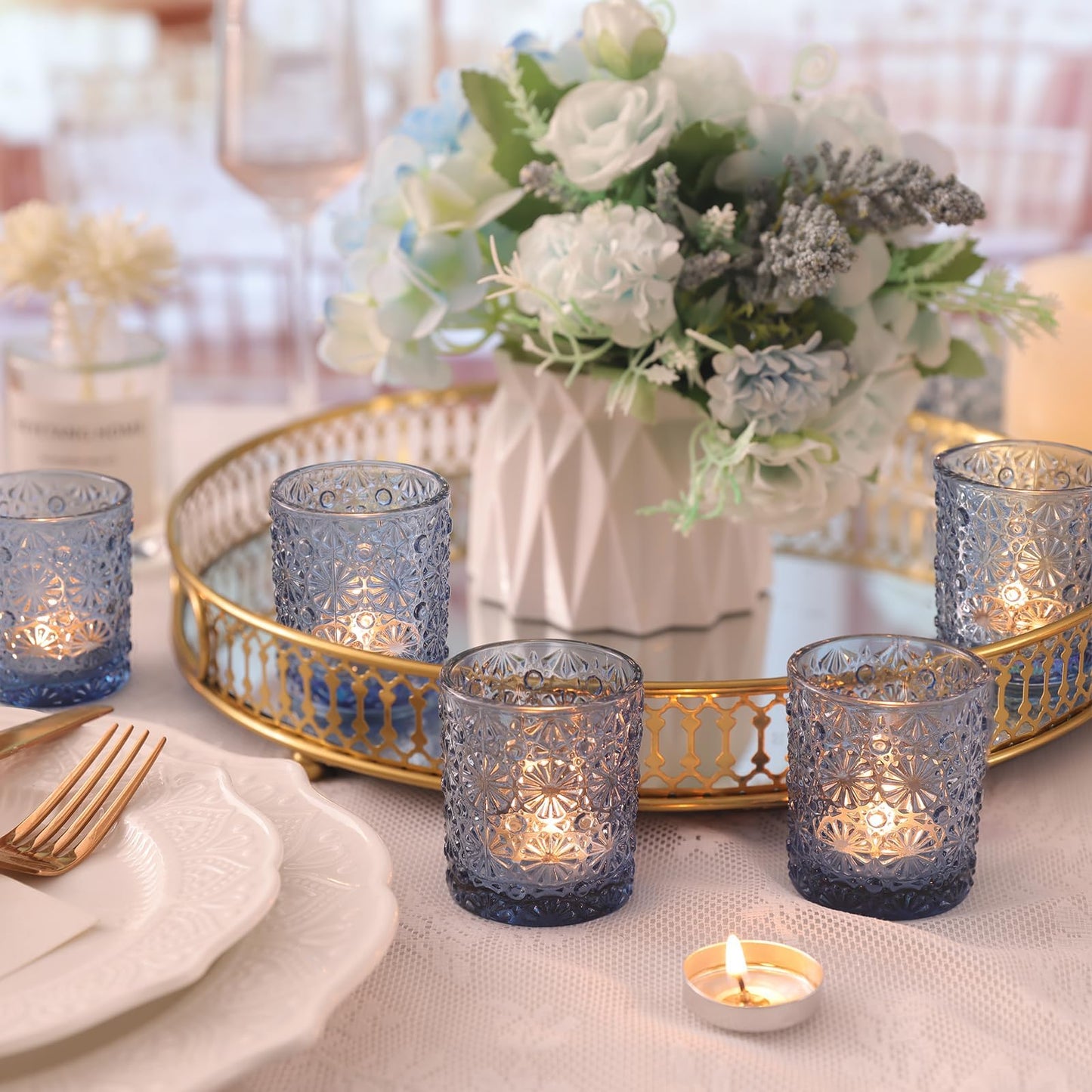 Lanttu Blue Votive Candle Holder Set of 12, Flower Tea Lights Candles Holders for Wedding Table Centerpieces, Birthday Parties, Home Decor, Blue Bridal Shower and Holiday Decorations