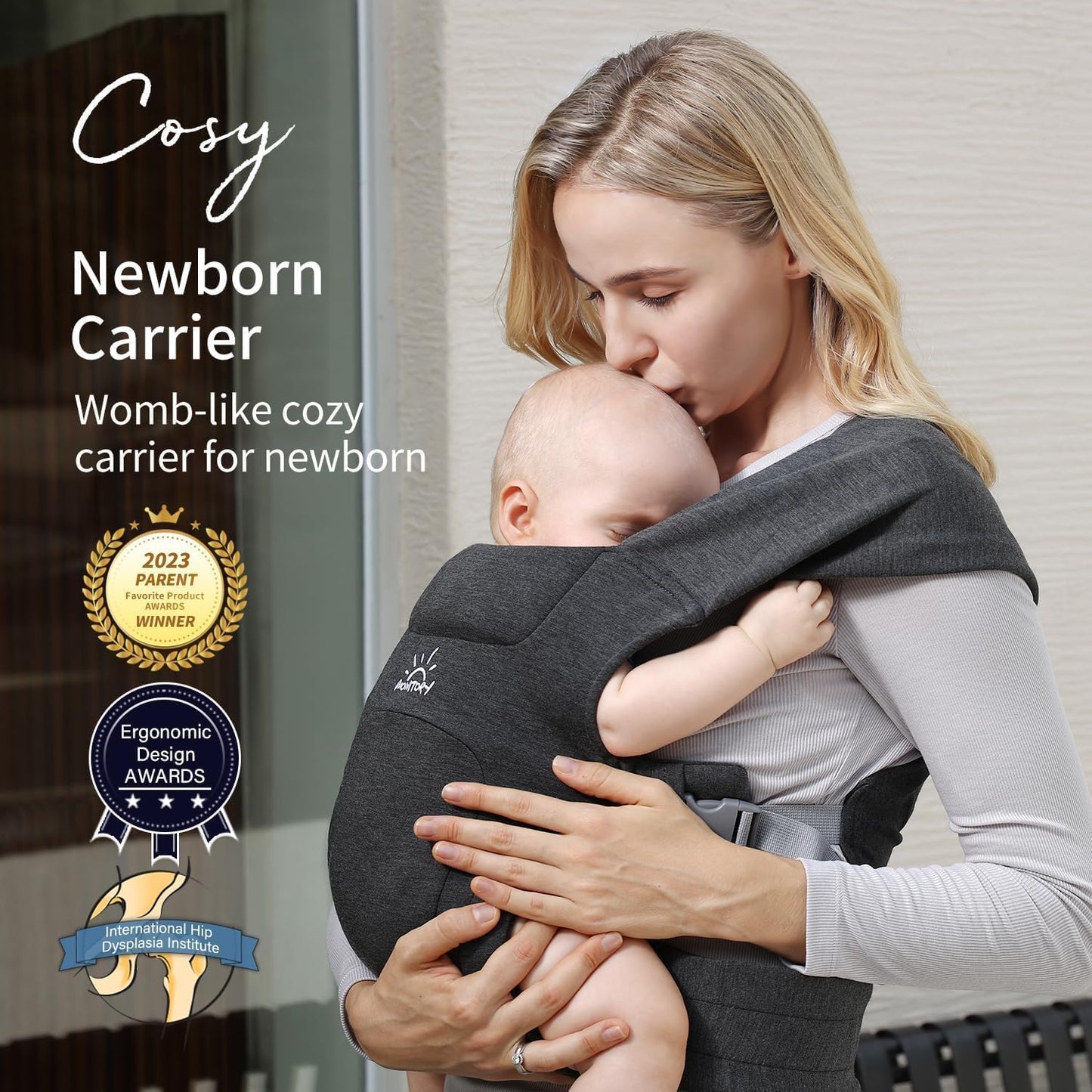 MOMTORY Baby Carrier for Newborns from Birth, Comfortable Hip Seat for Baby, Ergonomic Carrier for Newborn to Toddler with Velcro Fastening, Easily Adjustable Hip Carrier, 3-12 kg, Black
