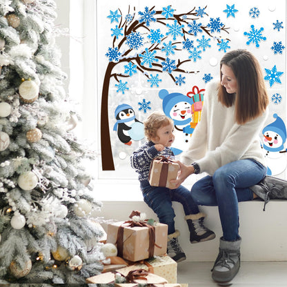 Whaline 6 Sheet Large Winter Window Clings Christmas Snowflake Tree Snowman Penguin Reusable Window Decals for Xmas Party Home Glass Decor (Blue)