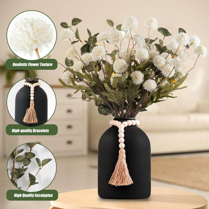 Toetopfae 20''H Fake Flowers in Large Vase for Centerpiece Table Decorations with 10Pcs Fake Mums Flowers Eucalyptus Stems Faux Pompon Kiku Flowers Arrangement for Home Decor (White/Black Vase)