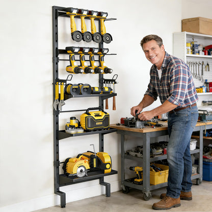 BUKFEN Garage Tool Storage Rack, Wall Mount 5-Tier Heavy Duty Metal Organizer with 8 Drill Holder Slots, Adjustable Shelves, Side Hooks Workshop Utility 1 Pack Black Vertical Space-Saving Organization