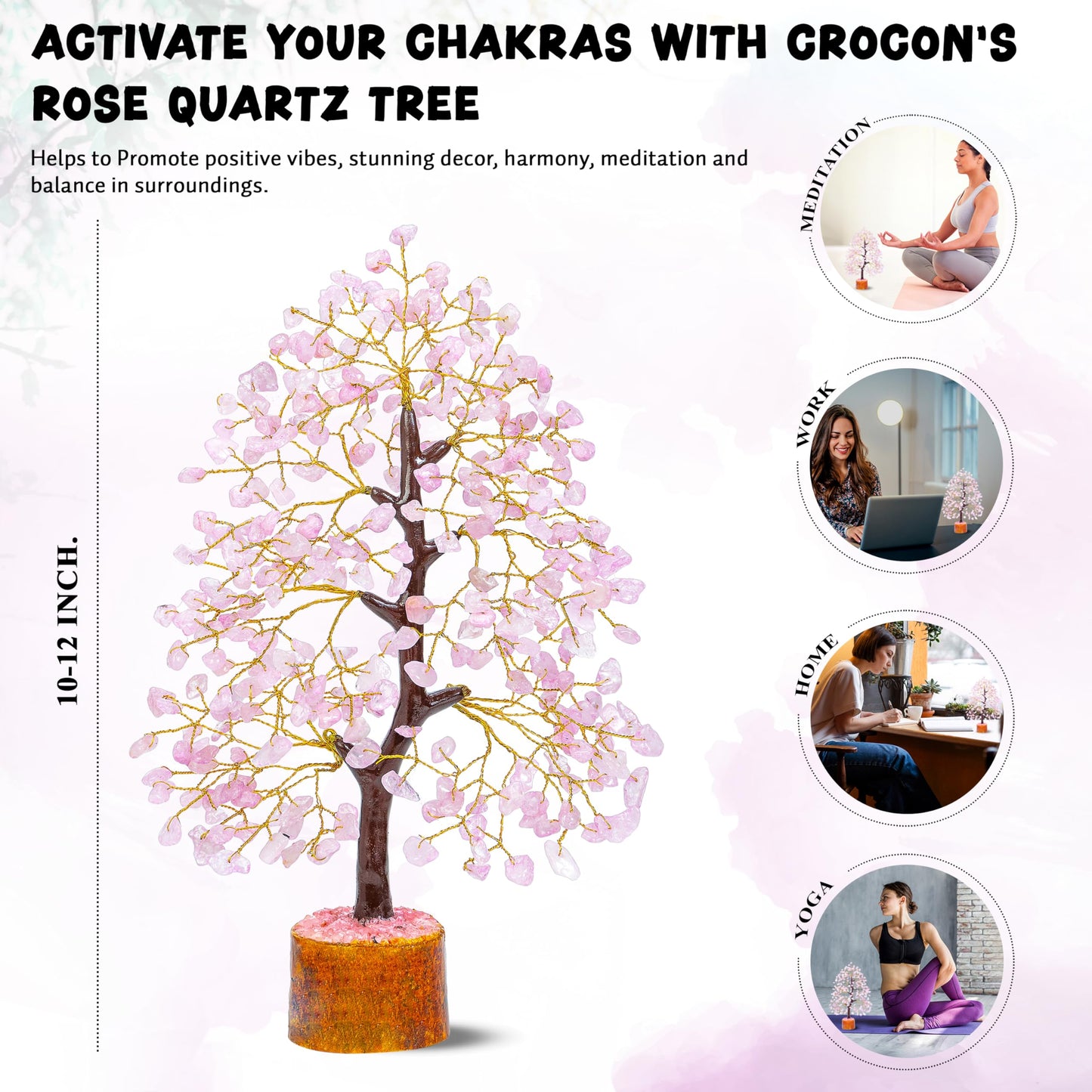 Crocon® Rose Quartz Crystal Tree of Life - Love & Self-Care Healing Crystals for Positive Energy, Feng Shui Money Tree, Pink Home Room Decor, Birthday Gifts for Women, Mom, Sister, Girlfriend & Her