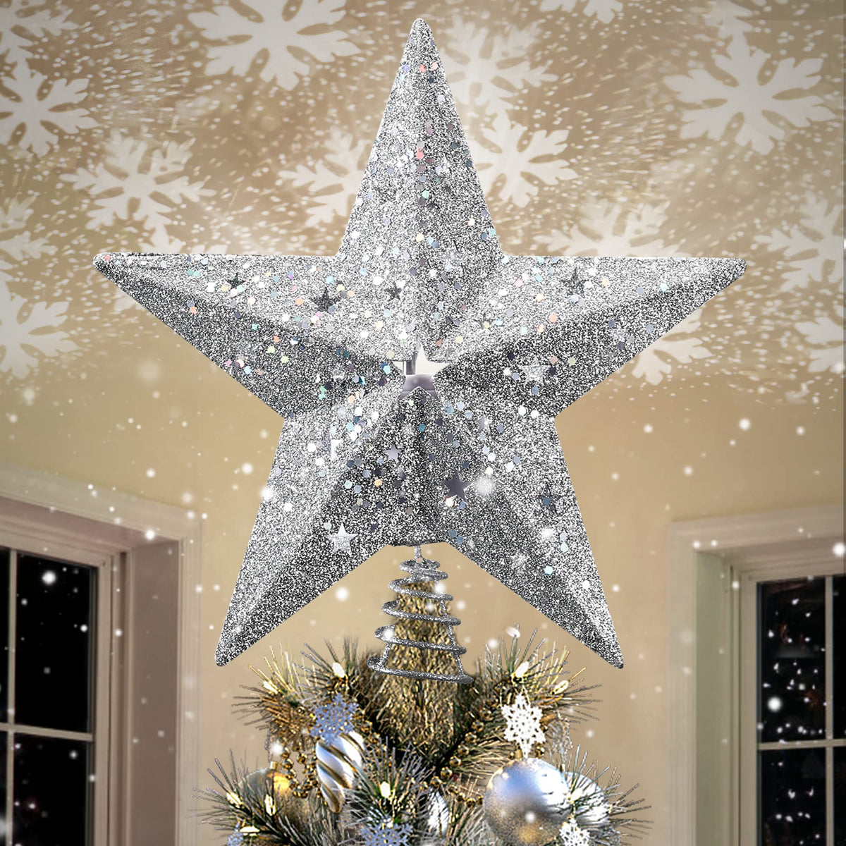 IPOW LED Snowflake Projector Star Christmas Tree Topper, 11.3 Inch Silver Glittered Star Treetop Lighted Rotating Snow Flake for Christmas New Year Holiday Decoration, Night Light Projector for Kids