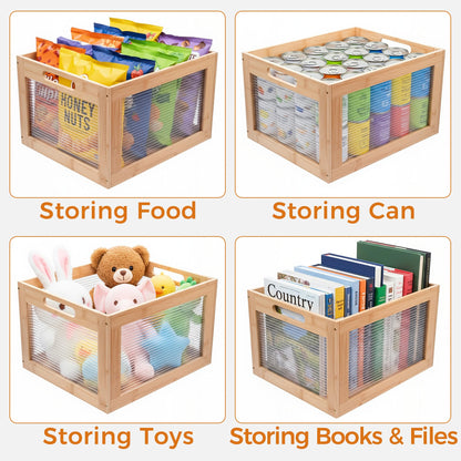 MinBoo Vinyl Record Storage Crate - Holds 80+ LP Albums, 12-Inch Record Organizer Box with Acrylic & Bamboo, Sturdy Wooden Cube for Home, Office - 13.7''L x 16.5''W x 10.2''H, Anti-Slip Base，Brown
