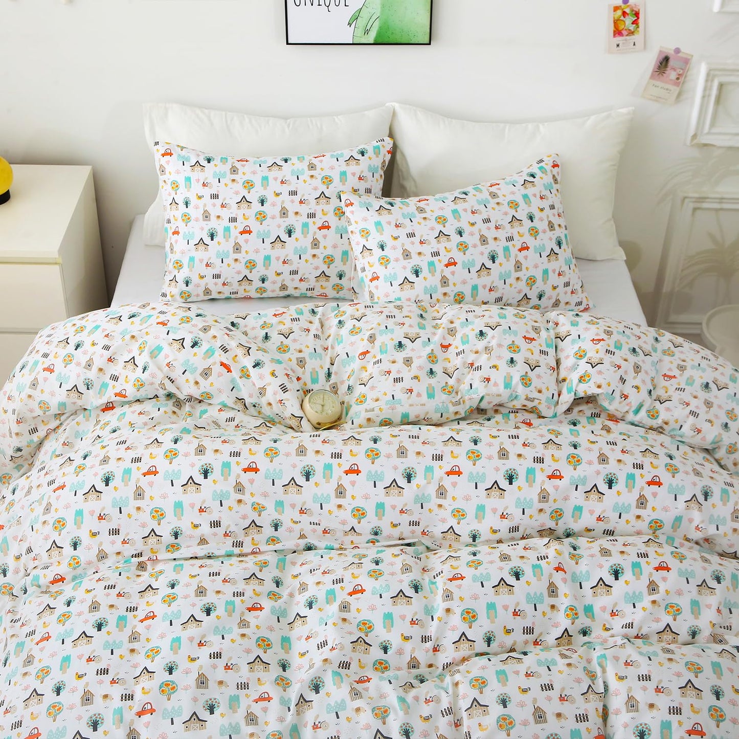Ivellow Queen Duvet Cover Set Cottage White 100% Cotton Duvet Cover for Kids Cute Bedding Set 3Pcs Ultra Soft Breathable Kids Duvet Cover Patterned Cartoon Comforter Cover Boys Girls Toddler Teen