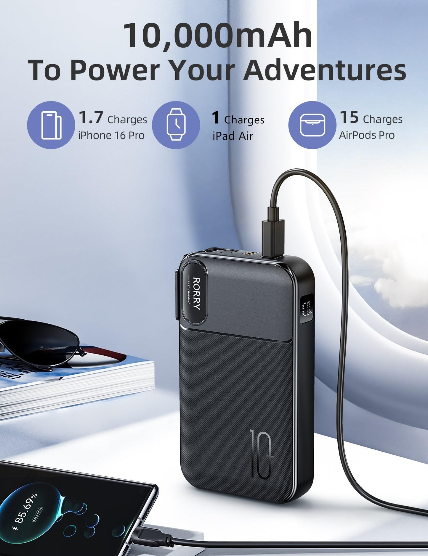 RORRY Portable Charger Built in Cables, AC Wall Plug In Portable Charger Power Bank 10000mAh Travel Battery Pack 22.5W Fast Charging for iPhone 17/16/15 Samsung Galaxy S25/S24/S23 Pixel LG iPad, Black