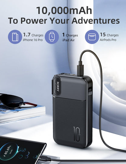 RORRY Portable Charger Built in Cables, AC Wall Plug In Portable Charger Power Bank 10000mAh Travel Battery Pack 22.5W Fast Charging for iPhone 17/16/15 Samsung Galaxy S25/S24/S23 Pixel LG iPad, Black