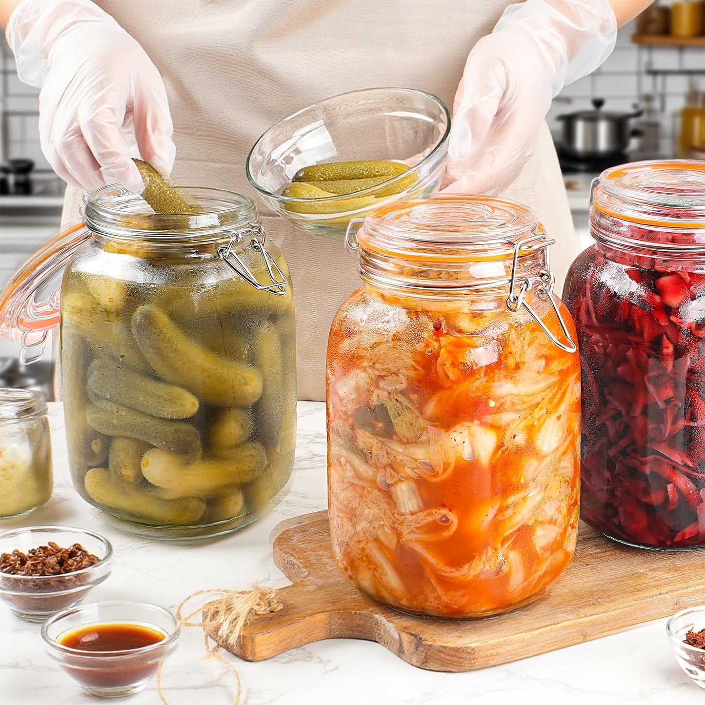 Qianfenie 50 oz Glass Jars with Airtight Lids, Wide Mouth Mason Jars with Clip Top Lids for Kitchen - Square Glass Jars with Chalkboard Labels and Replacement Silicone Gaskets, Set of 4