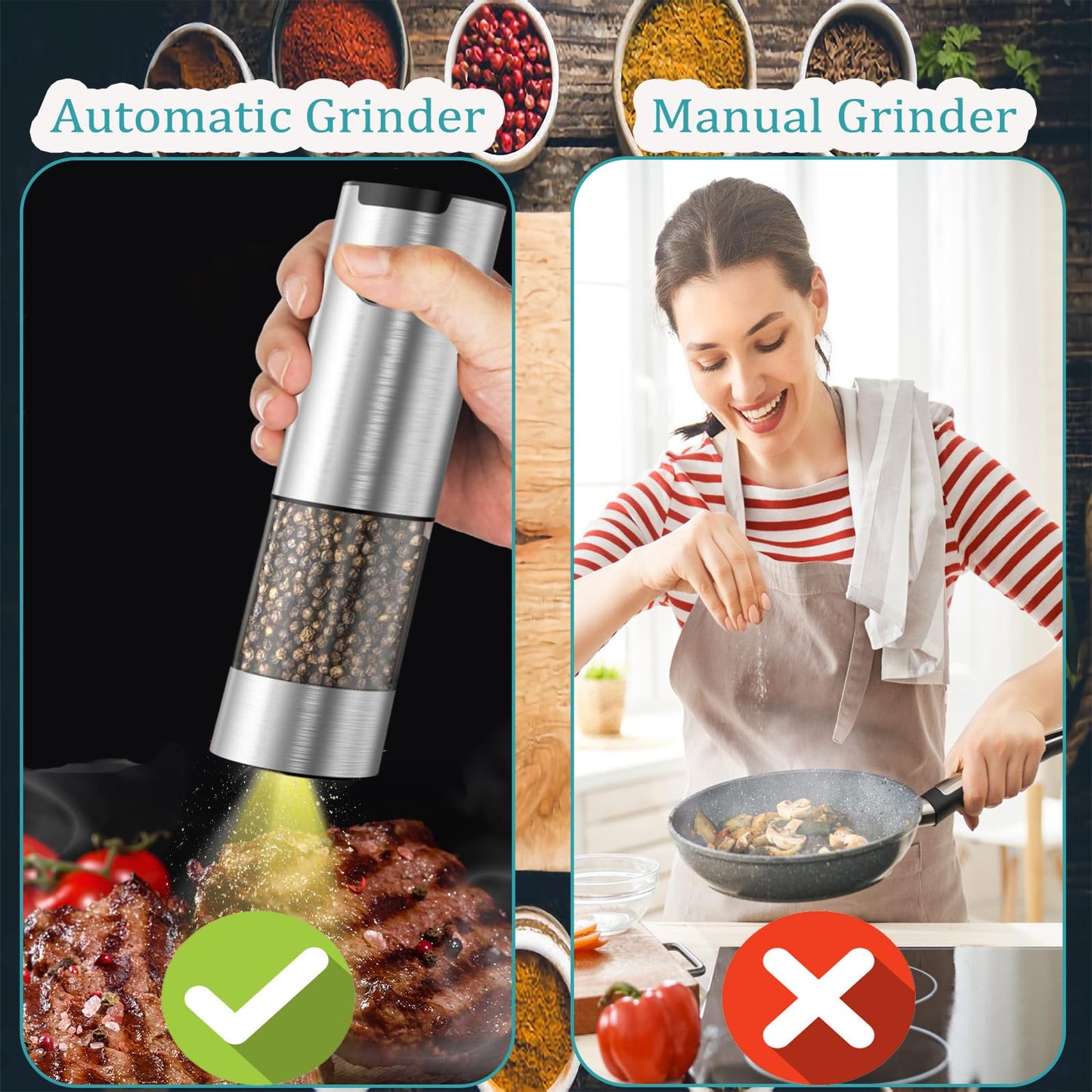 Electric Salt and Pepper Grinder Set, Automatic Salt Pepper Mill Grinder with Adjustable Coarseness, 95ml Large Capacity, LED Light & Easy Refill, Battery Operated Spice Grinders for Kitchen (Sliver)