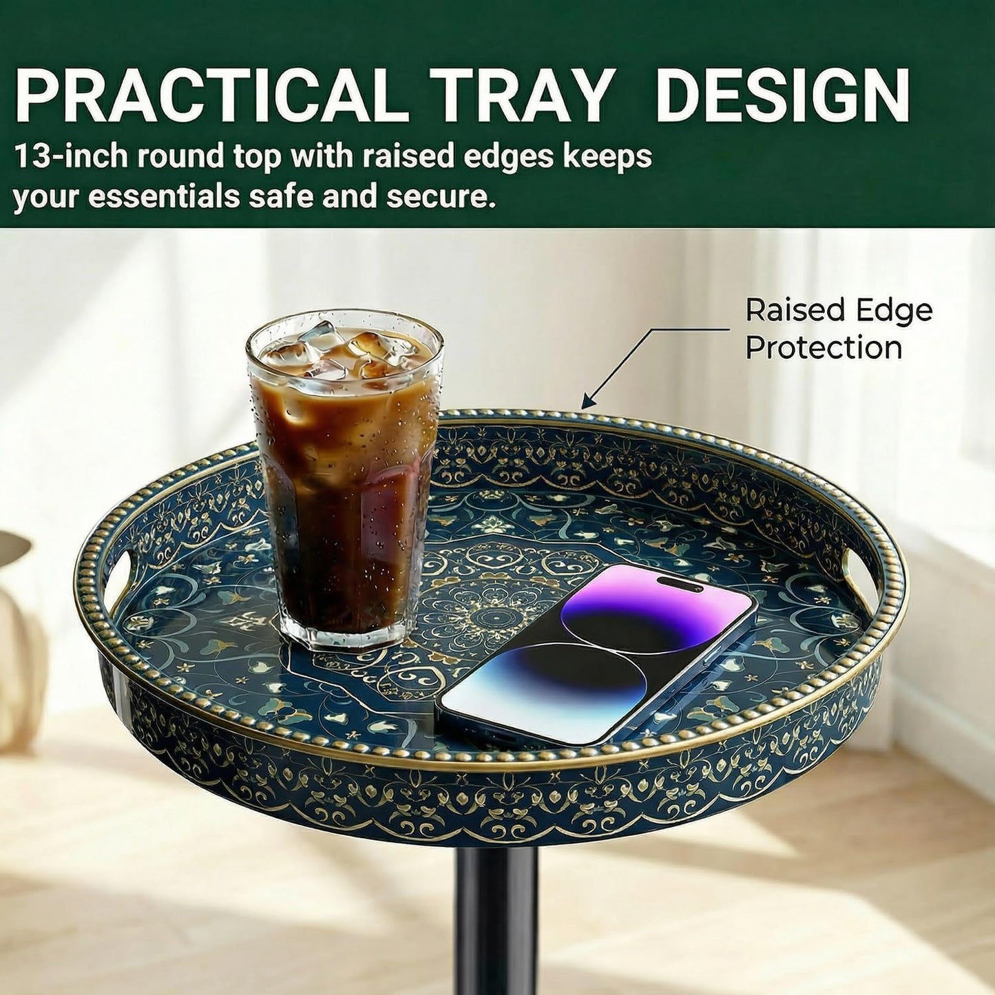 Gesodant Boho Single Leg Round Side Table with Tray Top, Pedestal Drink Table for Small Spaces, Aesthetic Accent Nightstand for Living Room, Bedroom, Corners, and Office (Blue Maze)