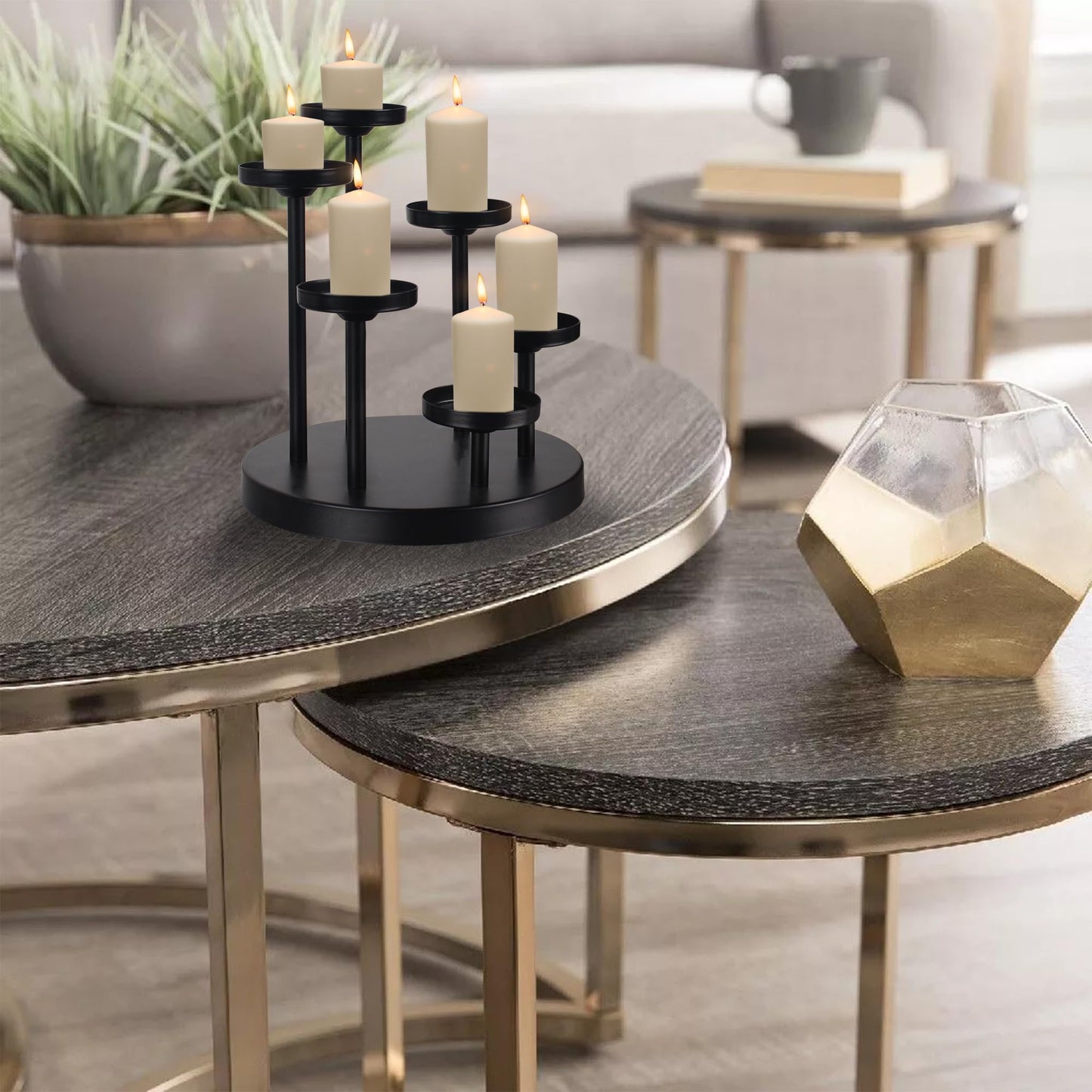 yucanucax 6arms Tea Candle Holder Tray, Metal Black Candlestick Holder, Candle Holders Set of 6 padk Tea Candle Light, for Dining Room, Table Centerpiece Decor,Decorative Tray…