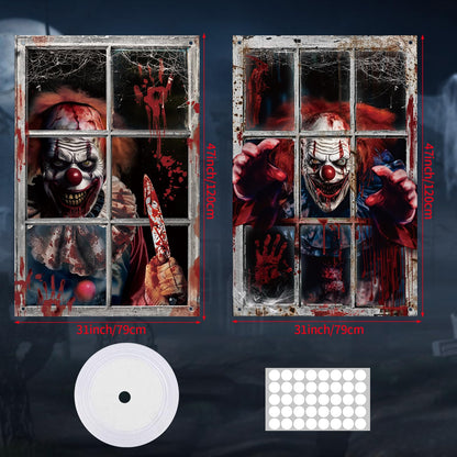 Hxezoc 2 Pack Halloween Window Decorations Scary Spooky Clown Window Backdrop Poster for Halloween Window Door Wall Cover Decoration Supplies