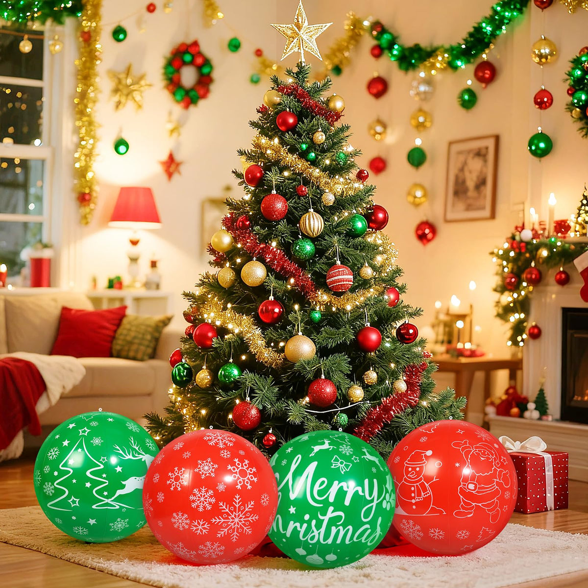 TaoQ C 4 PCS 16 Inch Christmas Inflatable Balloons PVC Hanging Christmas Inflatable Outdoor Balls for Xmas Garden Lawn Yard Holiday Front Door Decoration