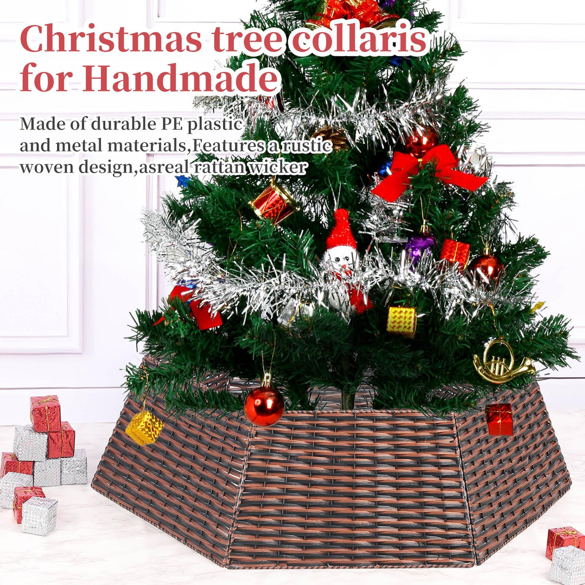 Vencer 34.2''Christmas Tree Collar,Plastic Rattan Xmas Tree Skirt,Rustic Decorations,Tree Skirt Base for Christmas Tree Decorations,Red&Black,CTS-RB008
