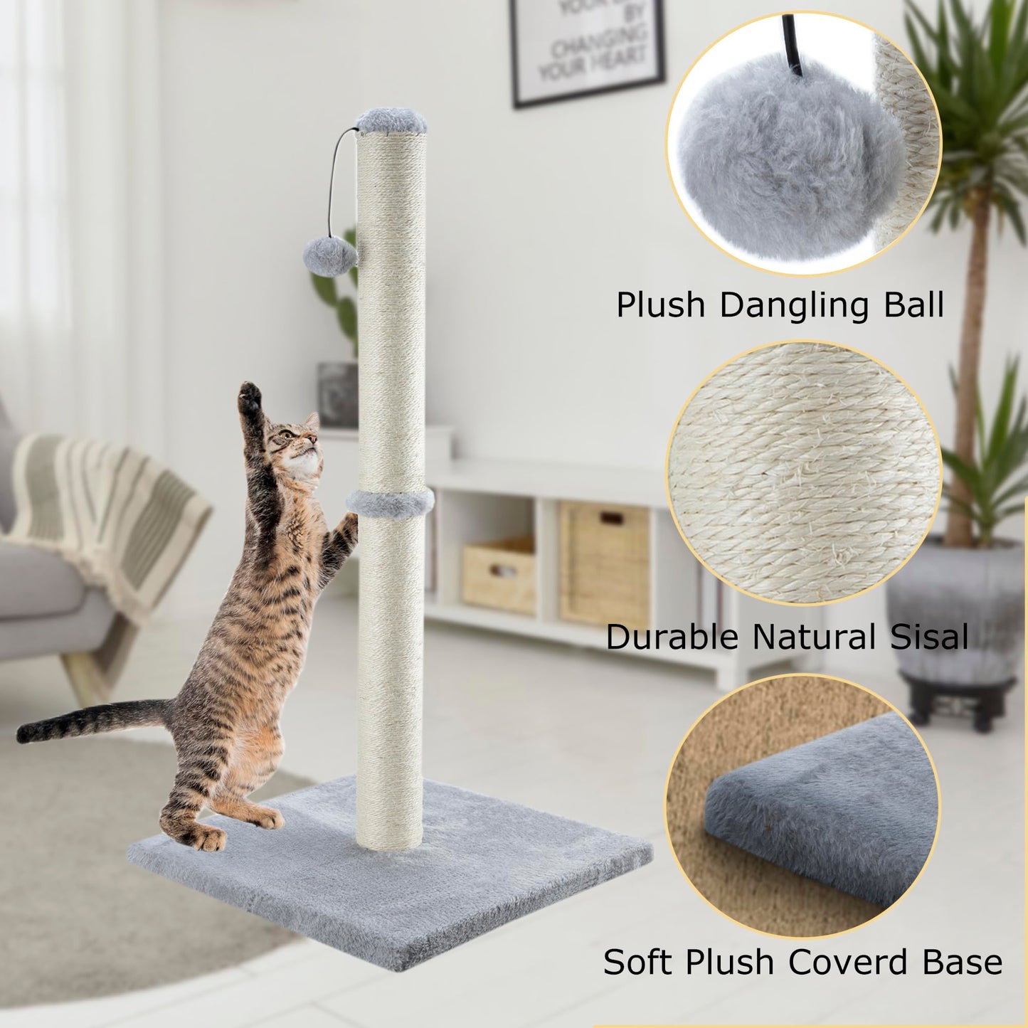 Dimaka 86 cm Tall Ultimate Cat Scratching Post, Claw Scratcher with Sisal Rope and Covered with Soft Smooth Plush, Vertical Scratch [Full Stretch], Modern Stable Design for Cats(Grey V2)…