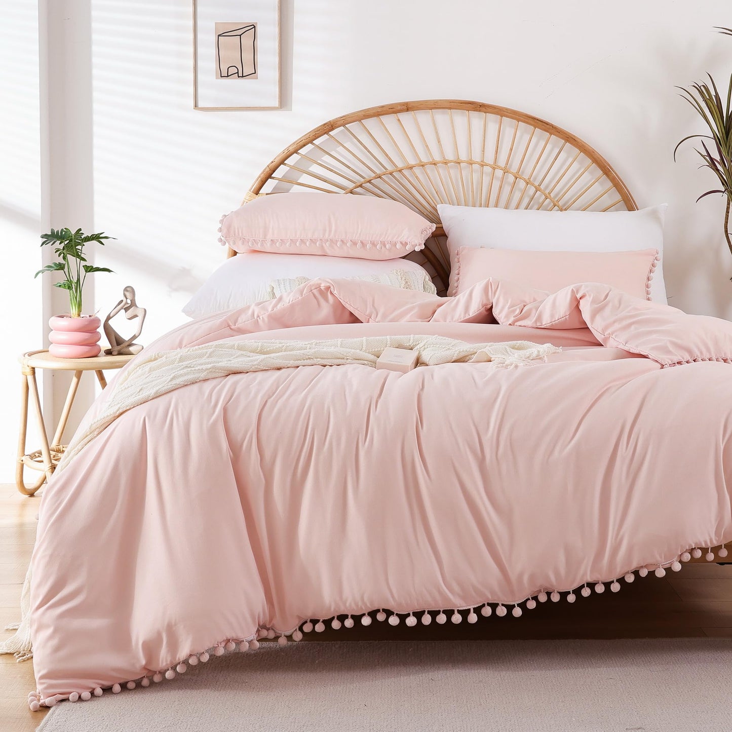 YIRDDEO Queen Comforter Set - Comforter Queen Size Sets with Ball Pom Fringe, Soft Bedding Set for All Seasons - 3 Pieces, 1 Comforter (90"x90") & 2 Pillow Shams (20"x26"), Blush