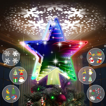Patiobay Christmas Tree Topper Star, Double Sided Tunnel Mirror 10 Inch 12 Lighting Modes, Built-in 6 Projected Patterns, 3D Glitter LED Rotating Lights for Party Holiday Xmas Decorations Gifts
