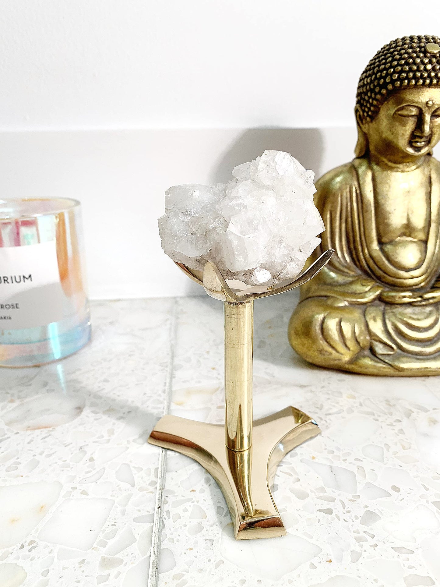 Modern Crystal Display Stand | Brass Rock Stand for Shelf | Sphere Mineral Specimen Collection