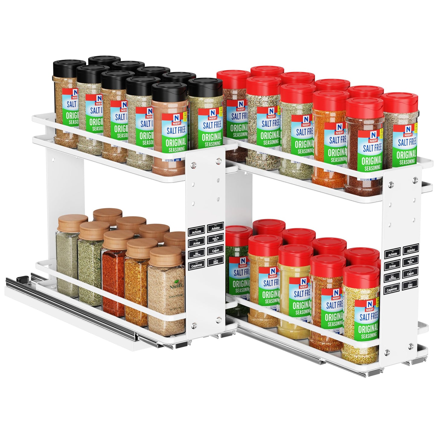 Nieifi Pull Out Spice Rack Organizer, 2 Tiers, White, Spice Organization for Cabinet, Height Adjustable, Easy to Install