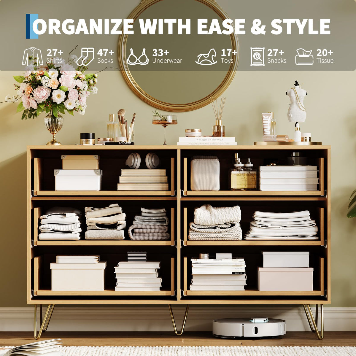 Garvee Fluted Dresser for Bedroom with 6 Drawers,47" Wide Modern Chest of Wooden Bedroom Chest with Metal Handle,Clothes Storage Organizer,Closet Dresser & TV Stand for Living Room,Hallway,6&Natural