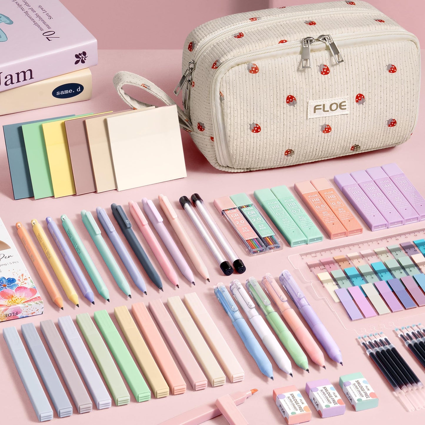 62PCS Aesthetic School Supplies, Cute Back to School Supplies College Essentials Preppy Stationary Set with Large Pencil Pouch Case, Pastel Highlighters Gel Pens Mechanical Pencils for Student Girls