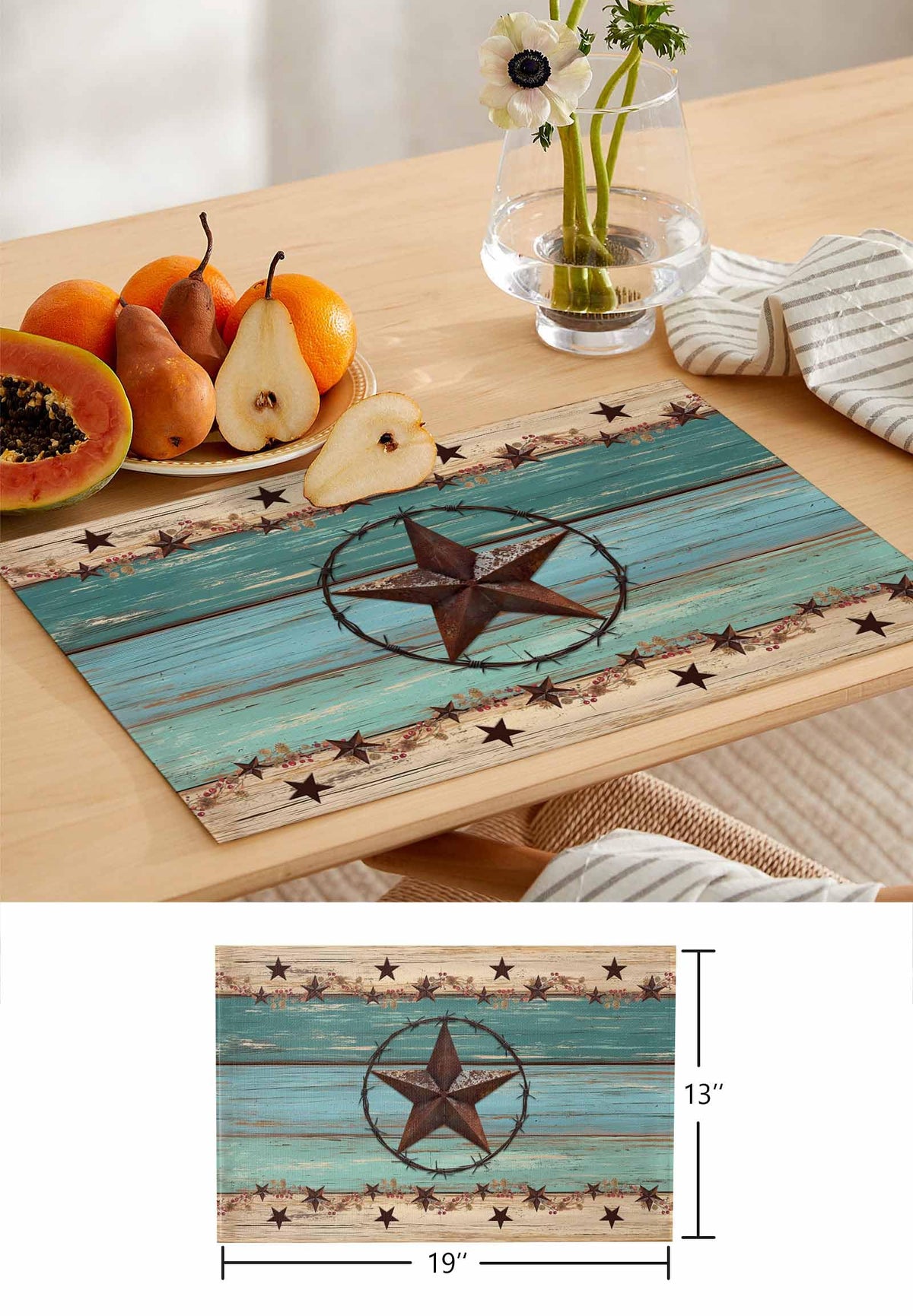 Western Texas Star Placemats Set of 6 Retro Turquoise Wooden Rustic Farmhouse 13x19 Inch Washable Non Slip Linen Table Mats, Rustic Summer Placemats for Dining Table Party Kitchen Decor