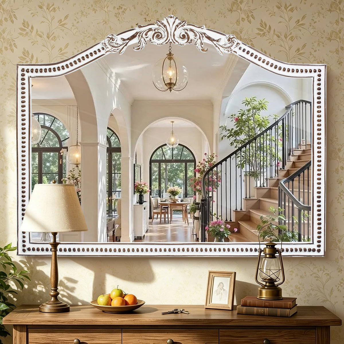 HOITUZYUS 32x42 Inch Ornate Arched Wooden Wall Mirror, Rustic Farmhouse Decorative Mirror for Fireplace, Living Room, Bedroom, Entryway, Bathroom Over Sink