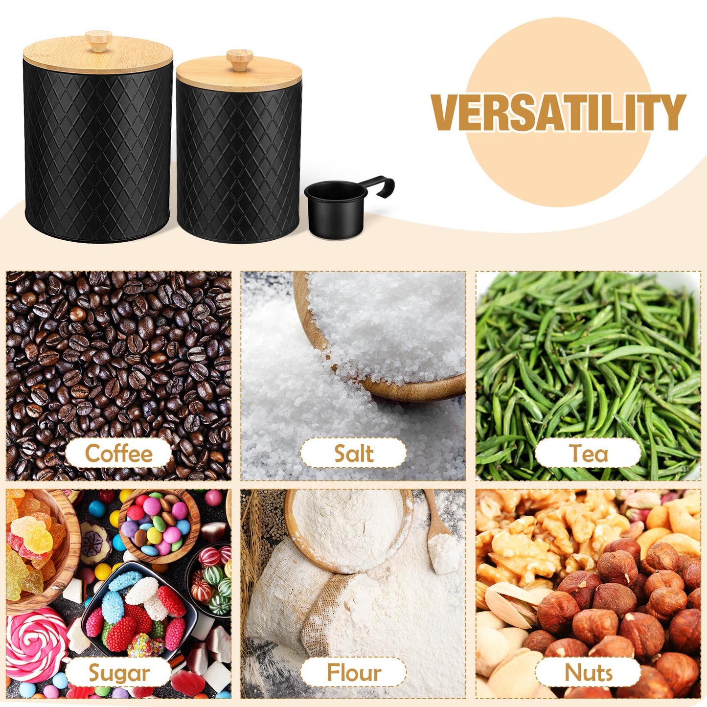 Reallnaive 2 Pcs Black Coffee Canister Set for Kitchen Countertop Bar Flour Sugar Tea Storage Container Farmhouse Metal Spice Jar with Airtight Bamboo Lid Spoon & Labels Housewarming Gift (2 Sizes)