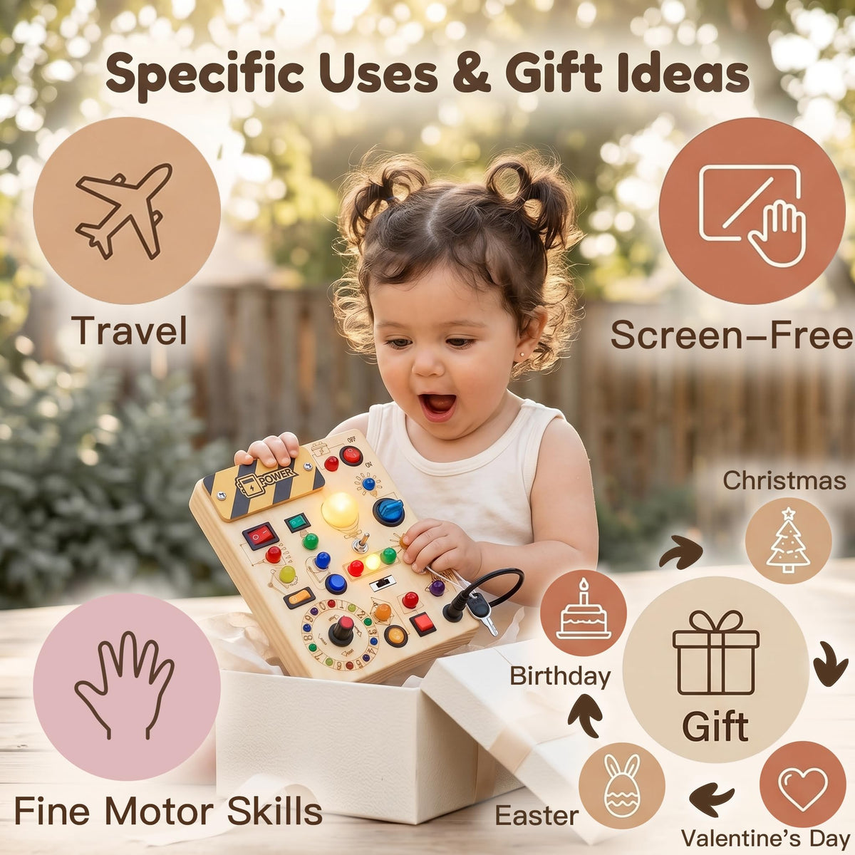 RichBoy Busy Board Montessori Sensory Toy, 37-in-1 Switch Board with 24 LED Lights, Birthday Gift for 1 2 3 Year Old Boys Girls, Safety for Toddlers Home Travel Essentials (6.7" X 5.3")
