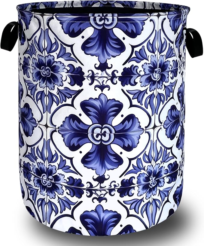 Blue and White Mexican Tile Laundry Basket Oxford Cloth Foldable Boho Laundry