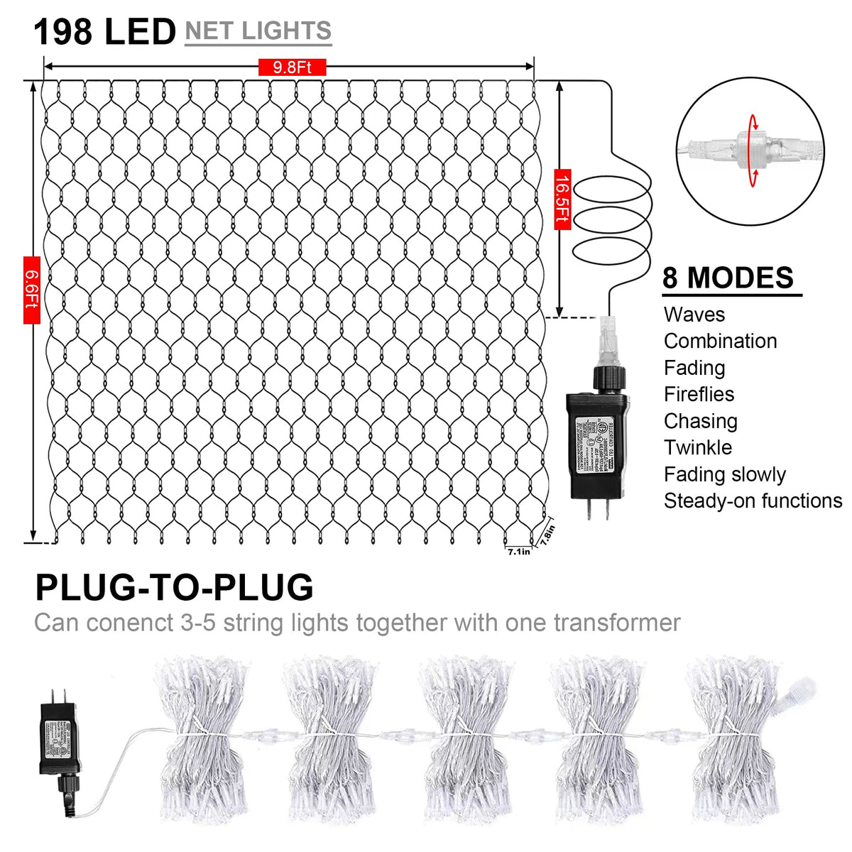 kemooie Outdoor Christmas Net Lights, 198 LEDs 9.8FT x 6.6FT Net Light, Connectable 8 Twinkle Modes Hanging Mesh Lights for Garden Bush Window Christmas Decorations (Blue&White)