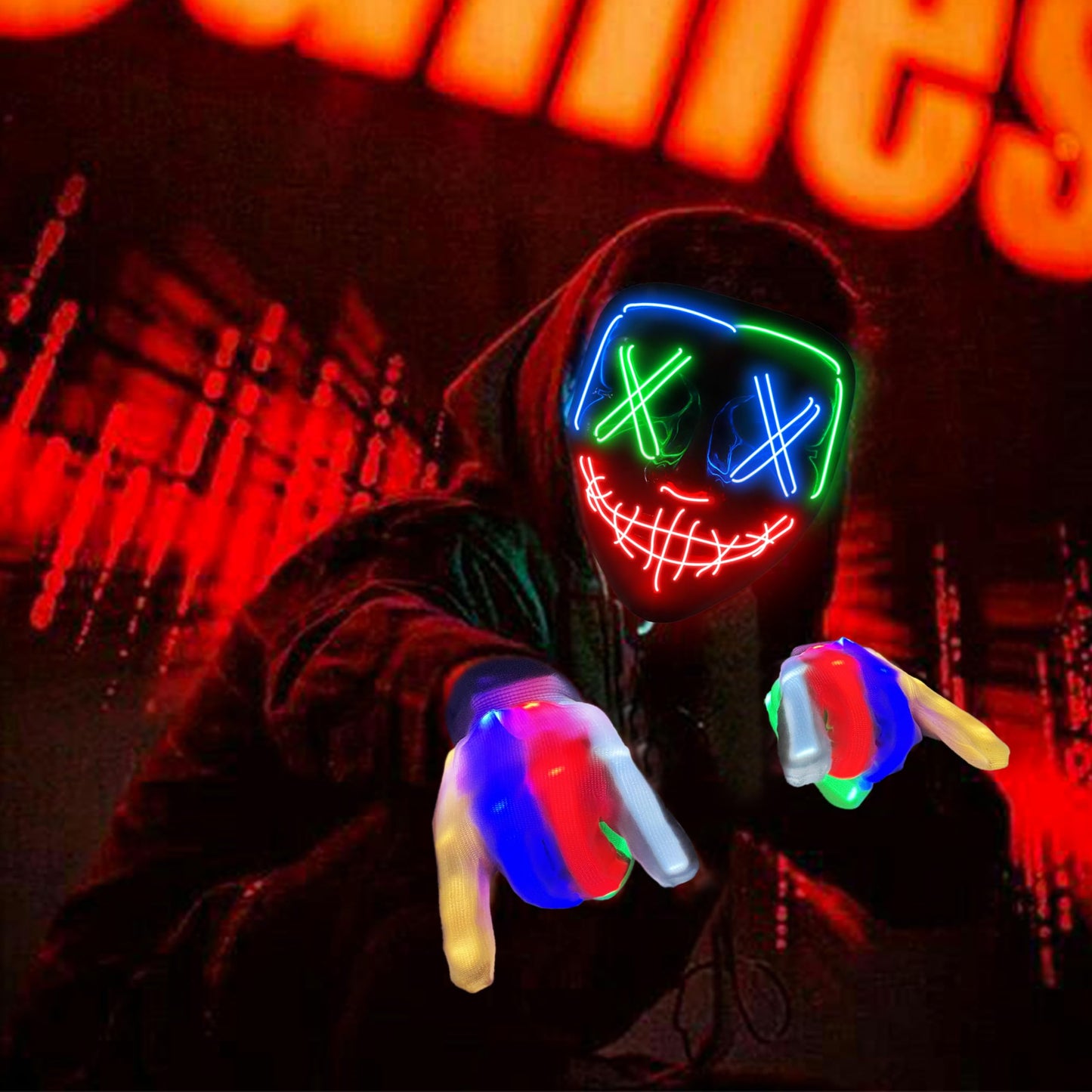 New Halloween LED Mask & Gloves in Multiple Light Modes, The Purge Mask Purge Costume, Light up Neon Gloves, Halloween Costumes for Women Kids Girls - Multicolor