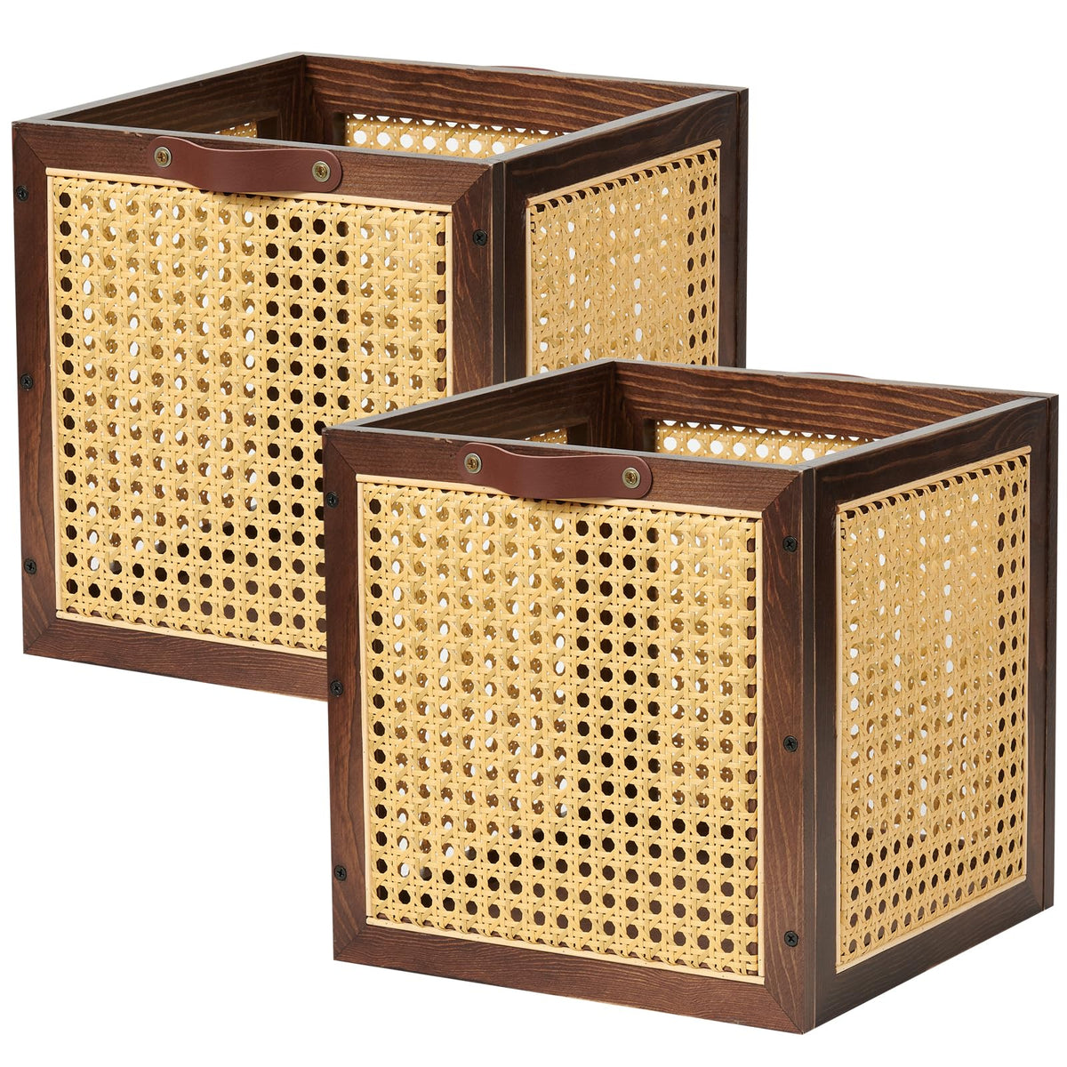 VinneGenzz 2PCS Rattan Storage Cubes Wooden Storage Baskets Boxes Decorative Natural Handmade Bohemian Solid Wood Woven Wicker Cane Bin Closet Shelf Clothes Organizer Books Magazine Holder (Walnut)