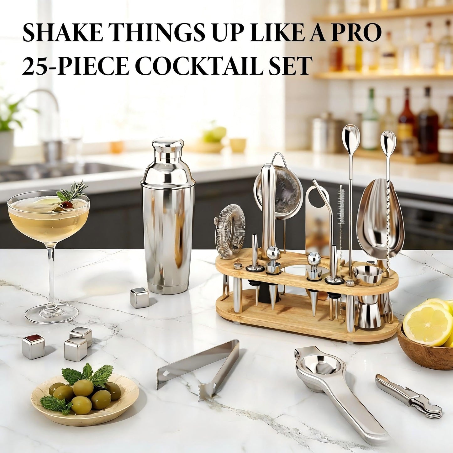EffiQ-Rate Cocktail Shaker Set, 25-Piece Stainless Steel Bartender Kit with Wood Organizer Stand & Cocktail Recipes, Professional Bar Mixology Tools with All Essential Accessories for Drink Mixing