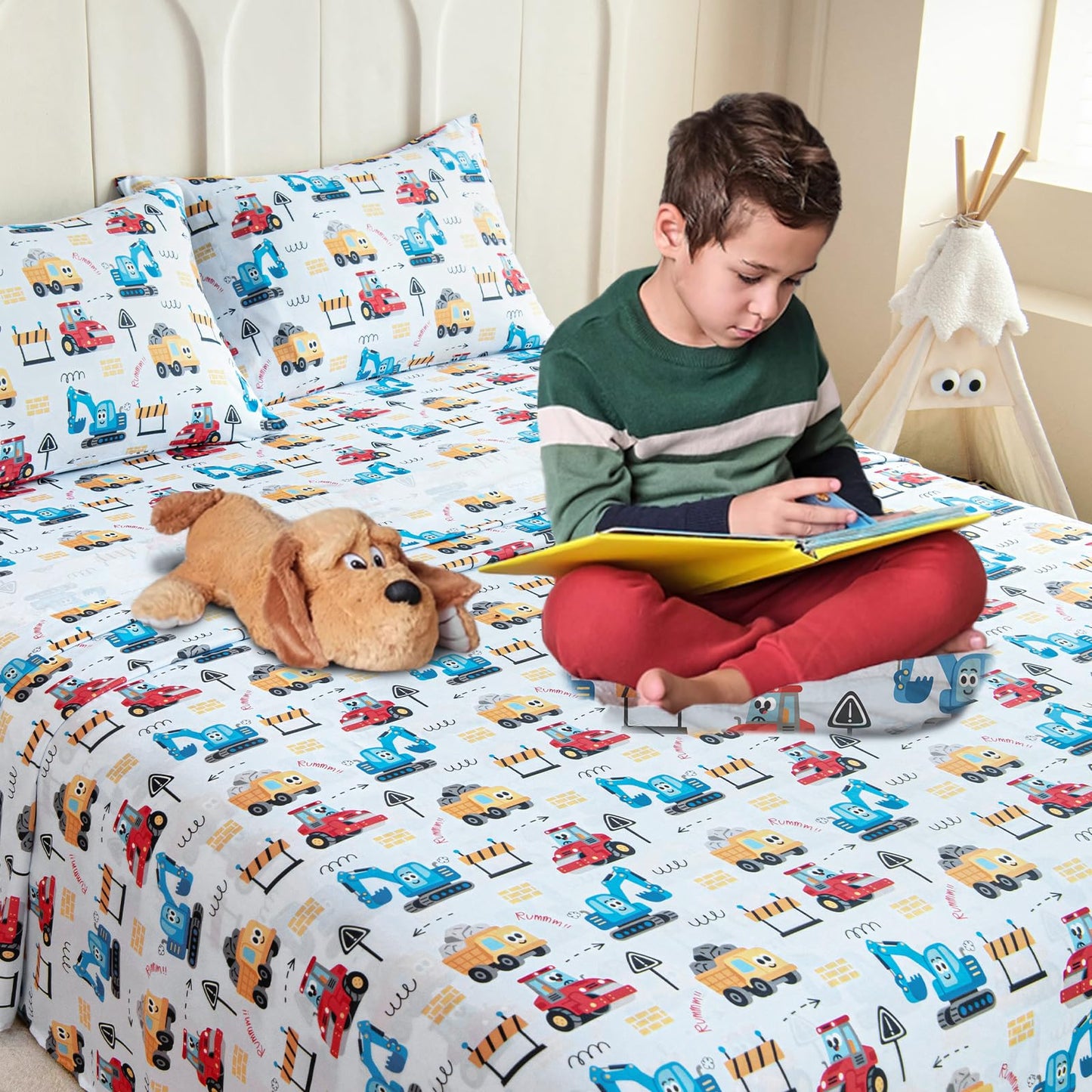 Homilay Full Sheet Set Kids - Cars 4 Pieces Soft Microfiber Cartoon Style Bedsheets for Boys Girls Teens, Oeko TEX Breathable 15 Inch Deep Pocket Sheets(Engineering Cars)