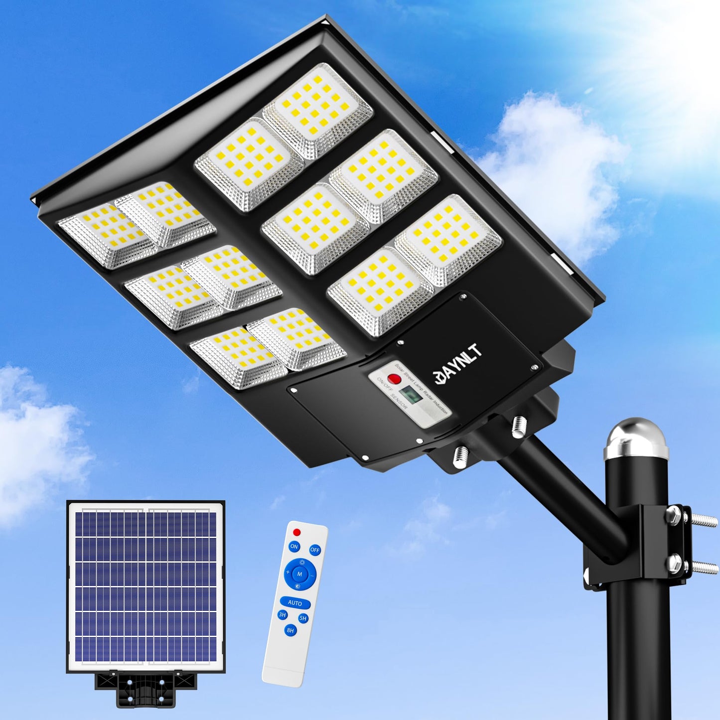 JAYNLT Y-2000W Solar Street Lights Outdoor, 60000LM 6500K Solar Parking Lot Lights Dusk to Dawn, IP67 Waterproof Solar Security Flood Lights with Motion Sensor for Yard, Garden, Parking Lot