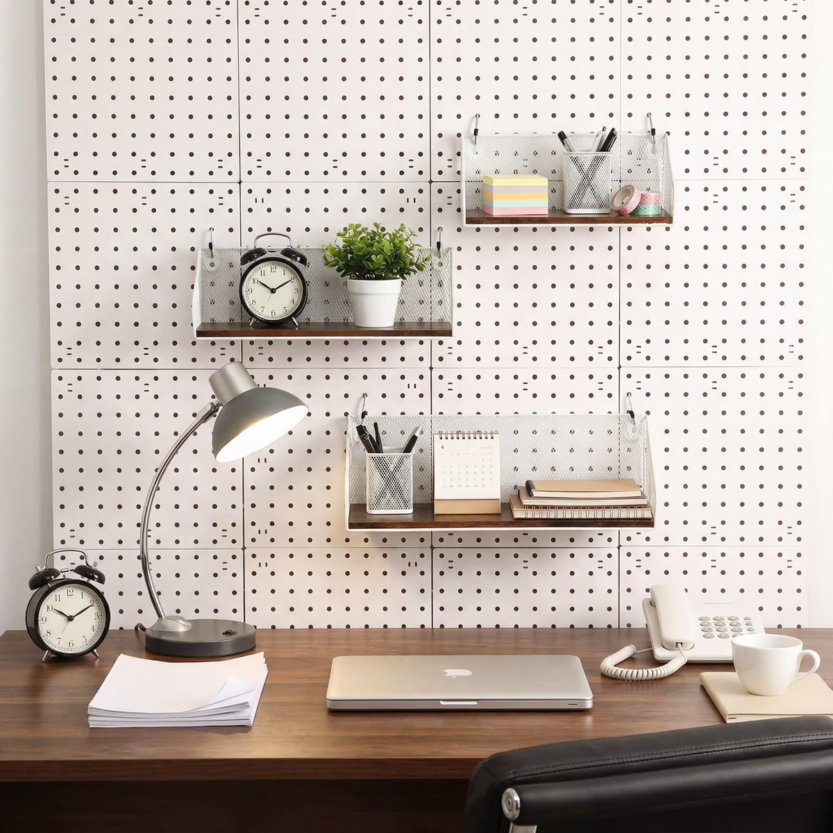 Ferrochef 3 Pack Pegboard Shelves with Hooks, Wall Mounted Grid Shelves, Pegboard Organizer Bins with Wooden Base, Heavy Duty Peg Board Storage Accessories for Kitchen, Bathroom, Garage, Office(White)