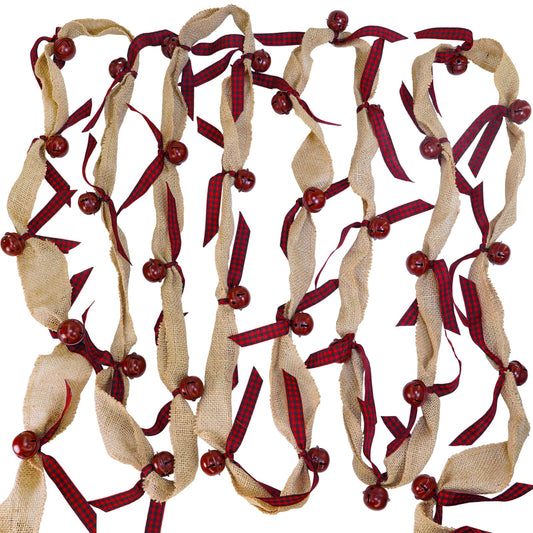 Winlyn Rustic Sleigh Bell Garland - 6 Yards Burlap with Buffalo Plaid Ribbon - Metal Jingle Bells - Farmhouse Christmas Tree & Banister Mantel Decoration