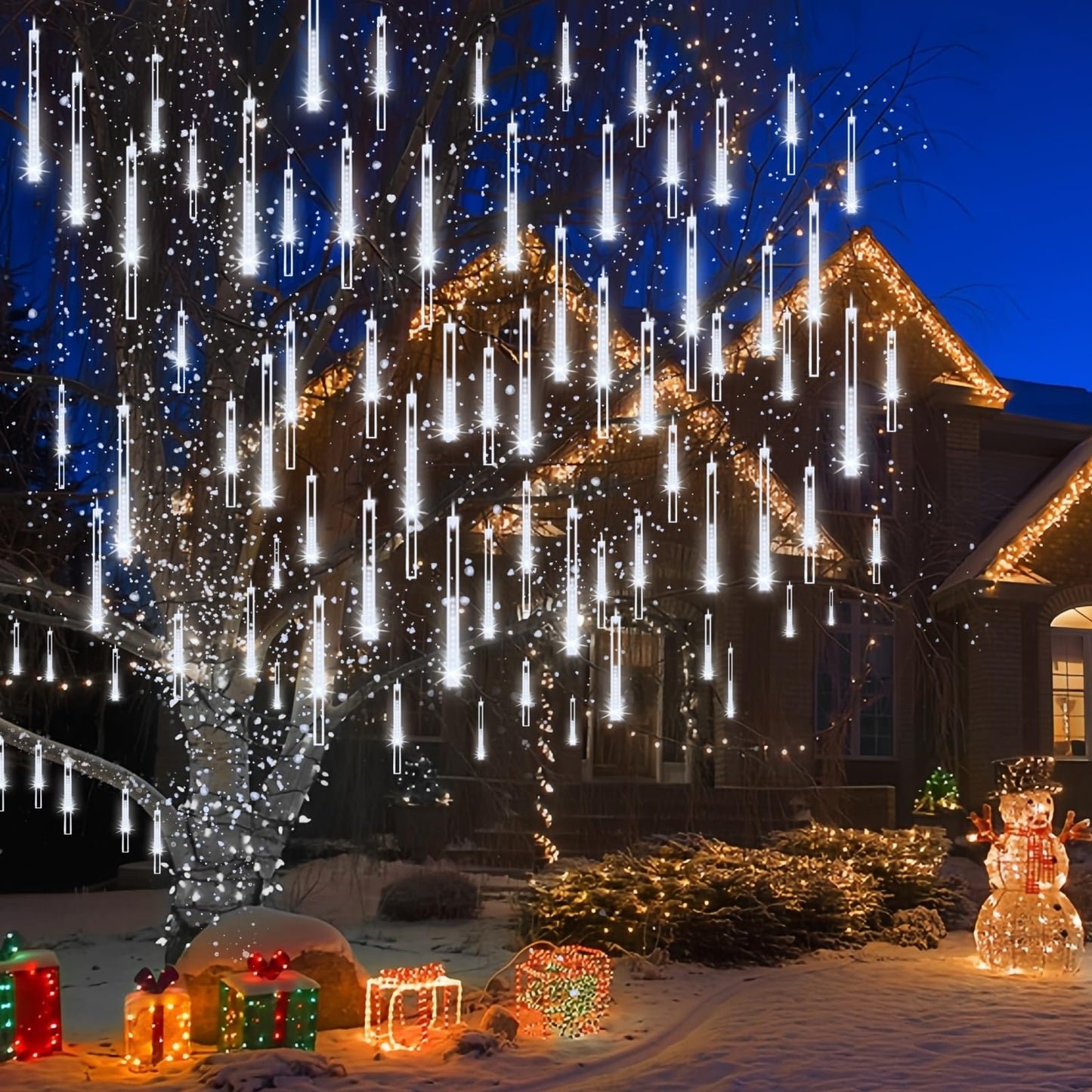 Kordain Christmas Lights Outdoor, Meteor Shower Lights Falling Star 12 inch 8 Tubes 144 LED Icicle Snow Falling Raindrop for Xmas Tree Halloween Party Decoration, UL Plug, White