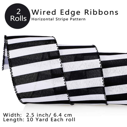 Chuangdi 2 Rolls 20 Yards 2.5 Inch Black and White Wired Ribbon Stripe Burlap Wired Ribbon for Gift Wrapping Craft Wreath Bows Fall Christmas Decor