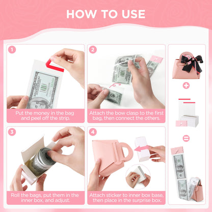 2PCS Money Pull Box for Cash, Leather Surprise Money Boxes with Ribbon Mini Money Pull Bags with 30 Pcs Transparent Bags for Birthday Party Christmas (Pink)