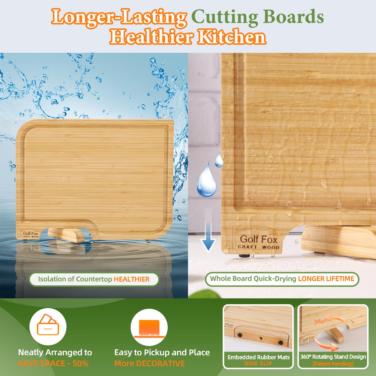 4-PCS Bamboo Cutting Board Set with Innovative Stand - Durable Double Sided Wooden Cutting Board with Juice Groove & Handle for Meal Prep, Meat, Charcuterie Serving, Eco-Friendly Healthy Kitchen Gift