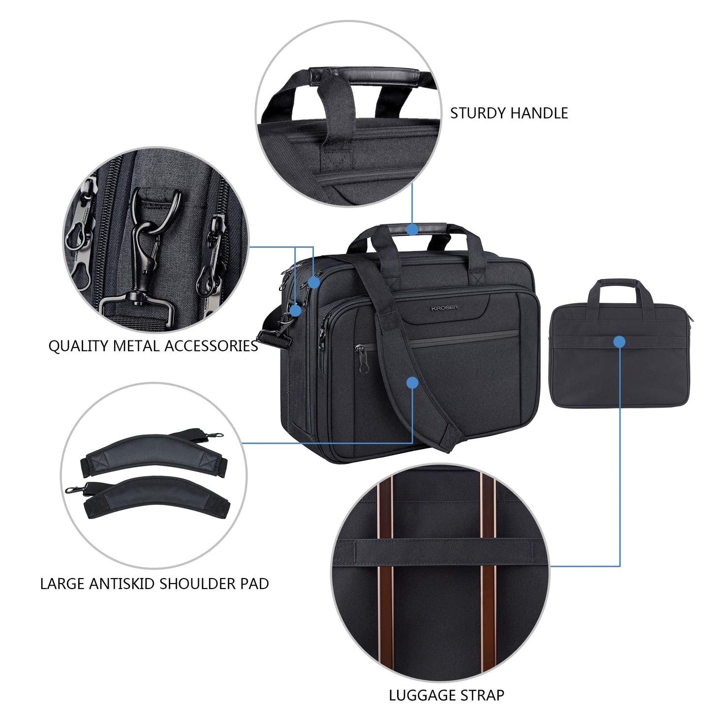 KROSER Laptop Bag Expandable Laptop Briefcase Fits Up to 17.3 Inch Laptop Water-Repellent Shoulder Messenger Bag Computer Bag for Travel/Business/School/Men/Women-Black