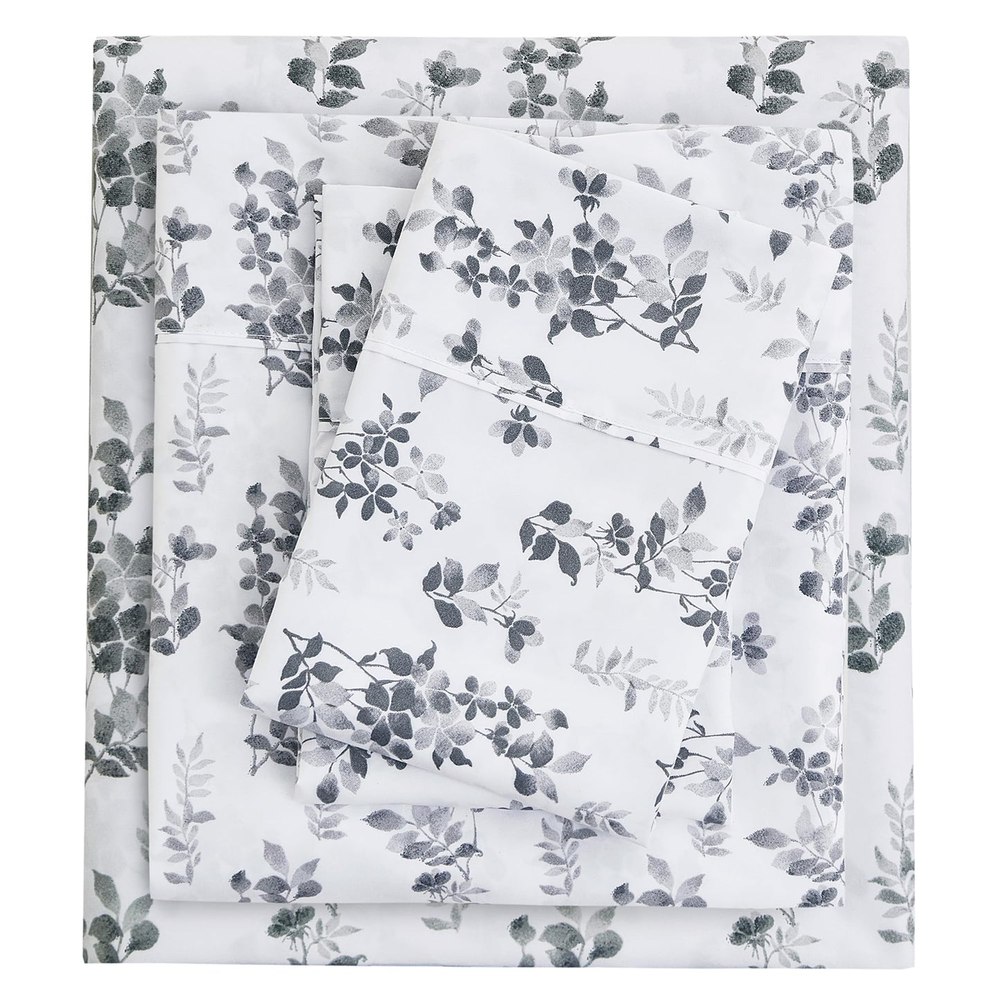Mooreeke Cozy Vintage Microfiber Printed Full Sheet Set - Soft Breathable Percale Cotton Floral Bed Sheets with Deep Pocket - Non-Slip Fitted Design - Gradient Grey Small Flowers Pattern